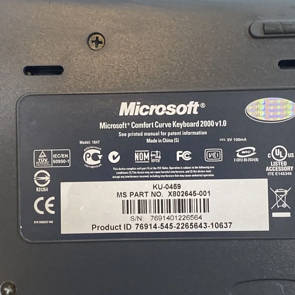 Microsoft Comfort Curve Keyboard 2000 v1.0 KU-0459 USB Ergonomic, Tested